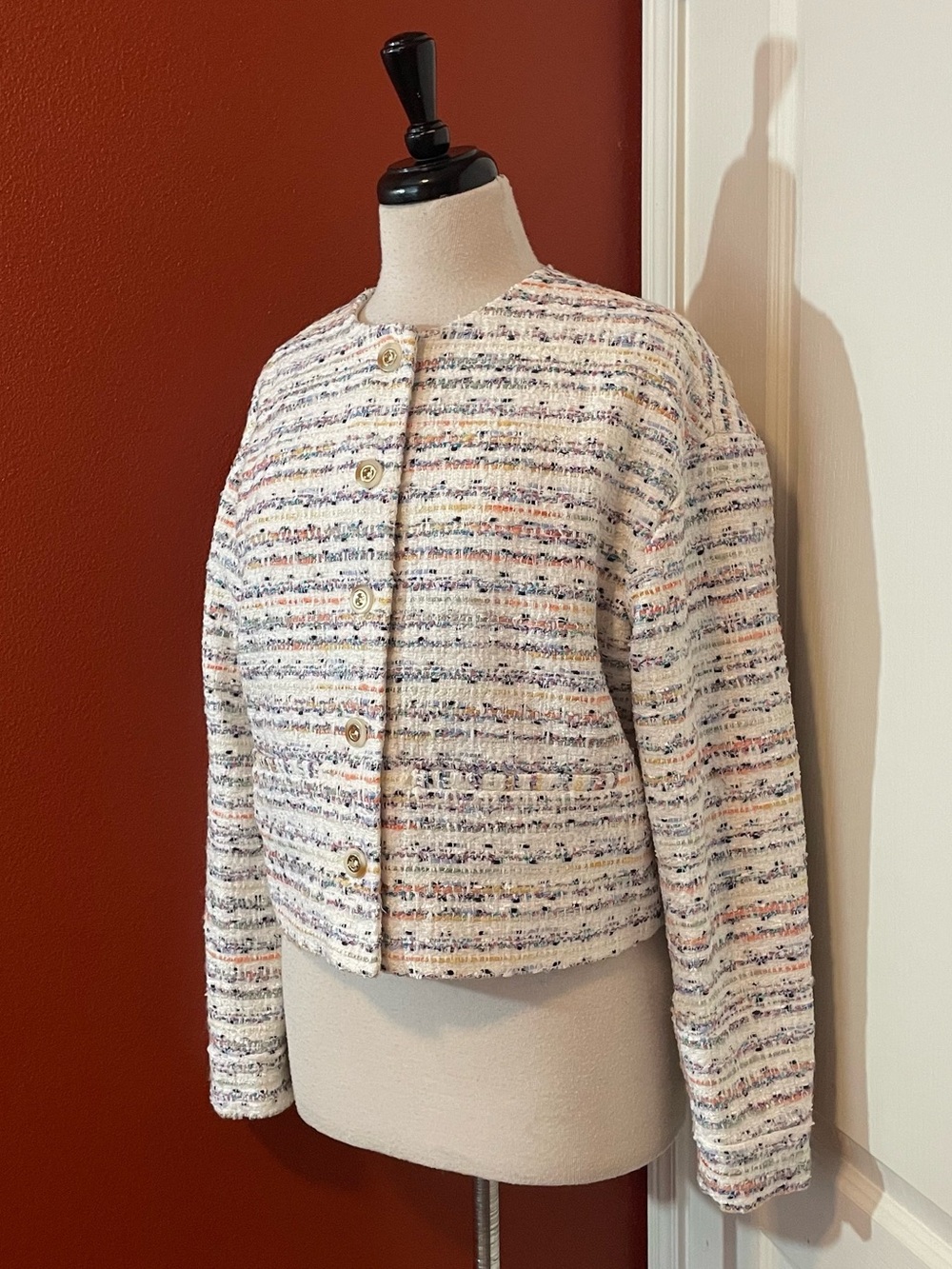 Hill House Women’s NWT The Ames Cropped Tonal Multicolored Tweed Button Jacket
